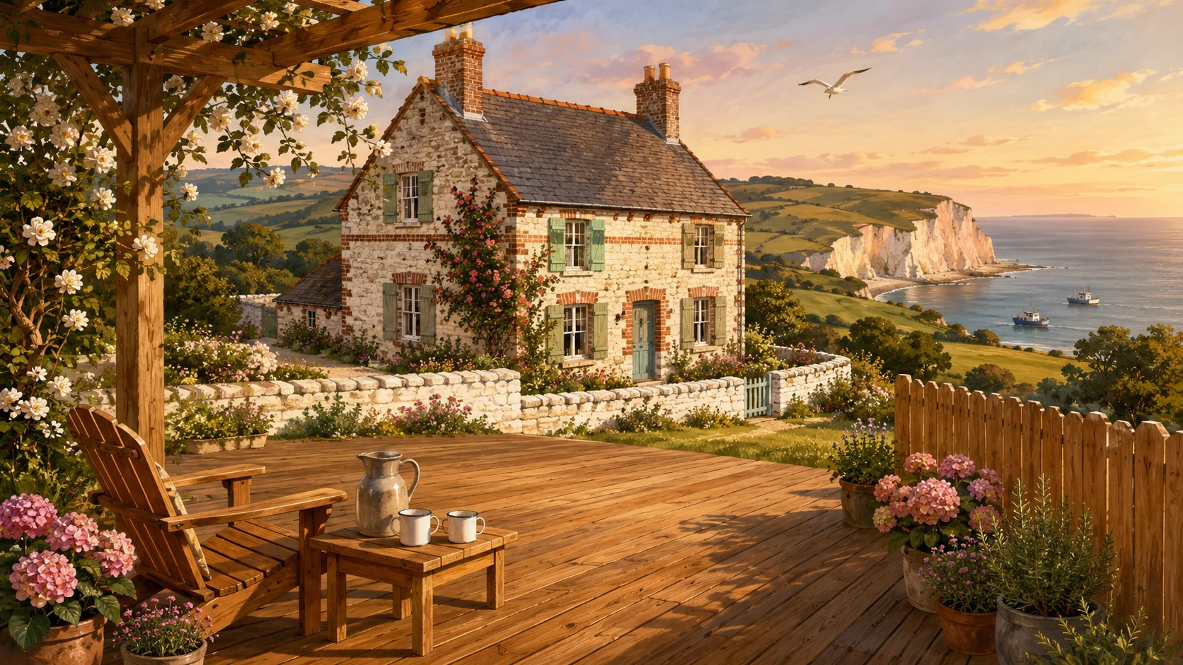 Illustration paysagère du dépôt avec terrasse en bois et clôture